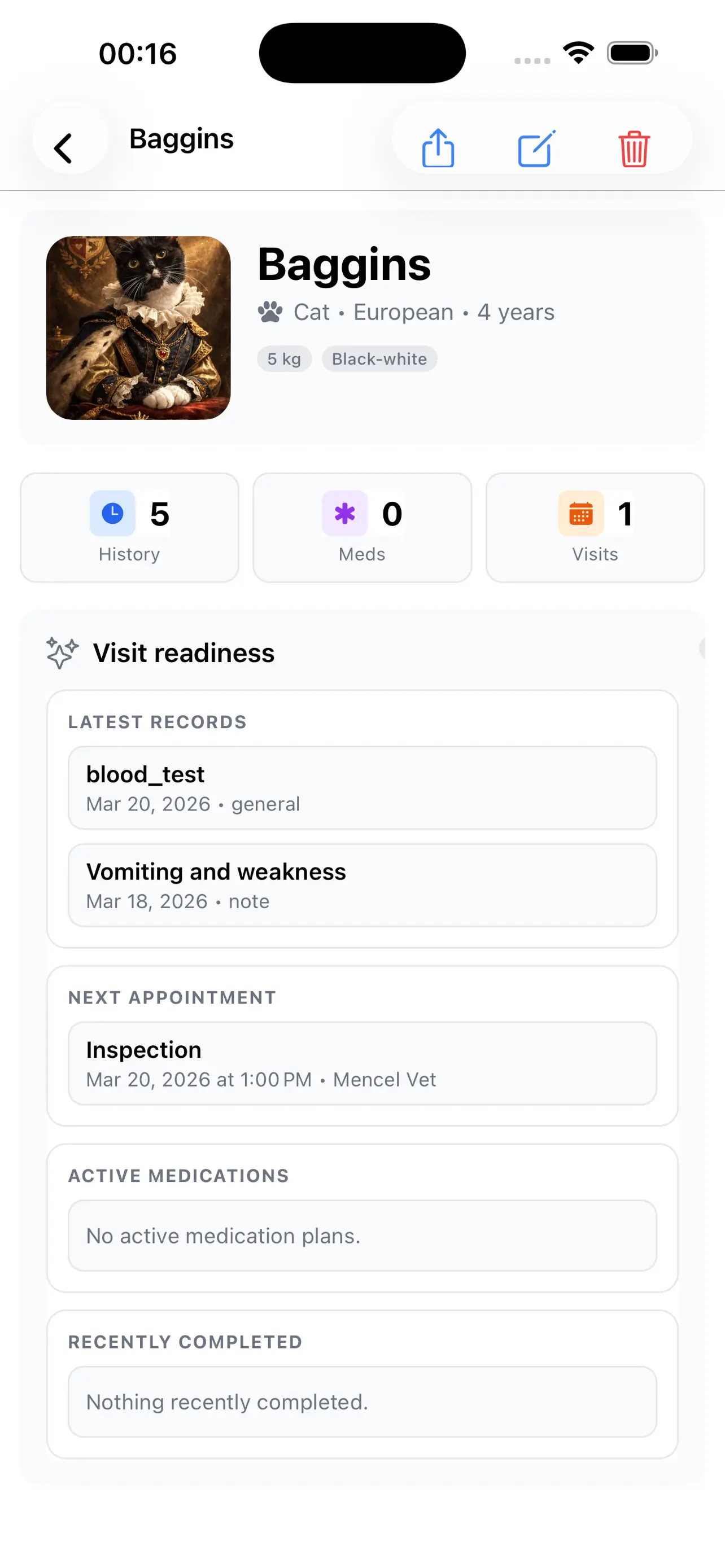 VetNote pet detail profile screenshot