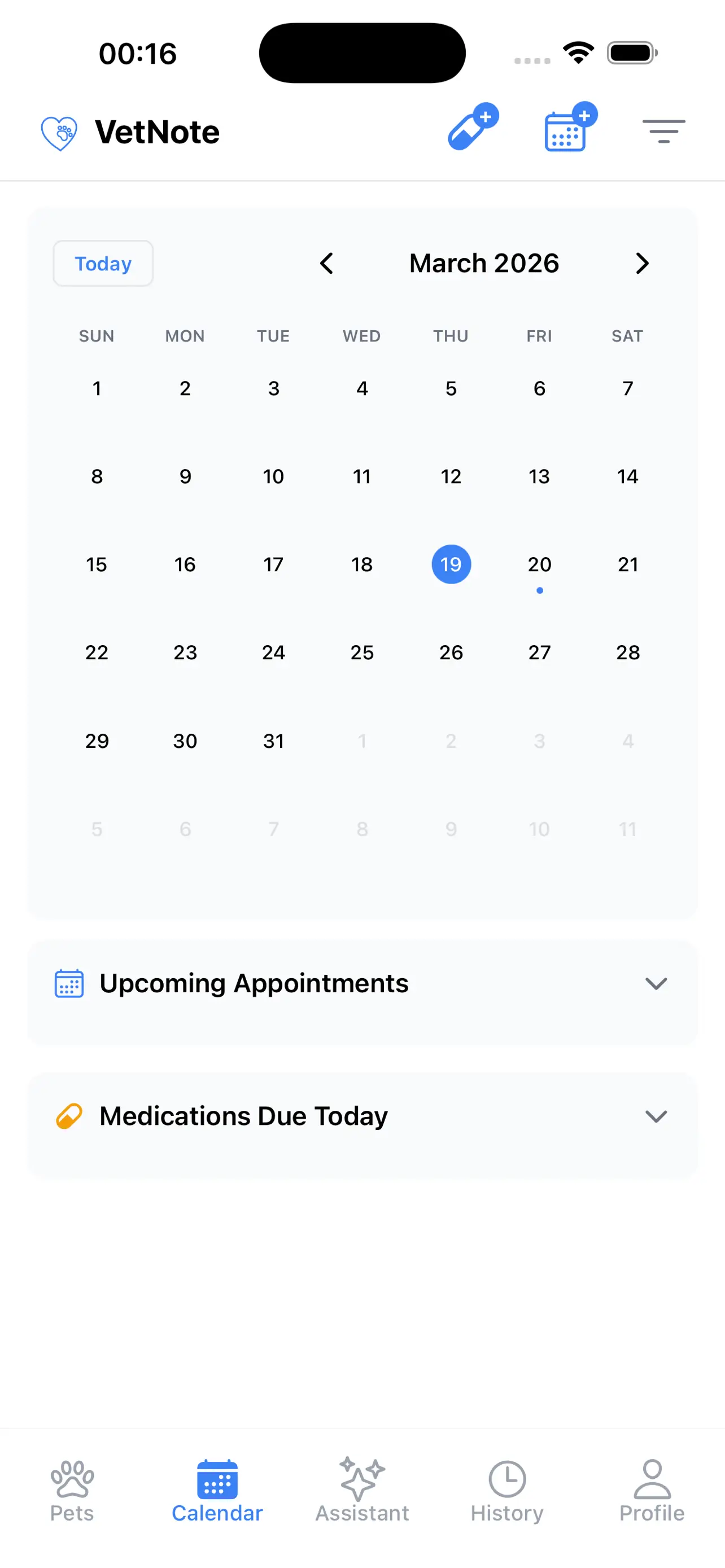 VetNote visit calendar screenshot