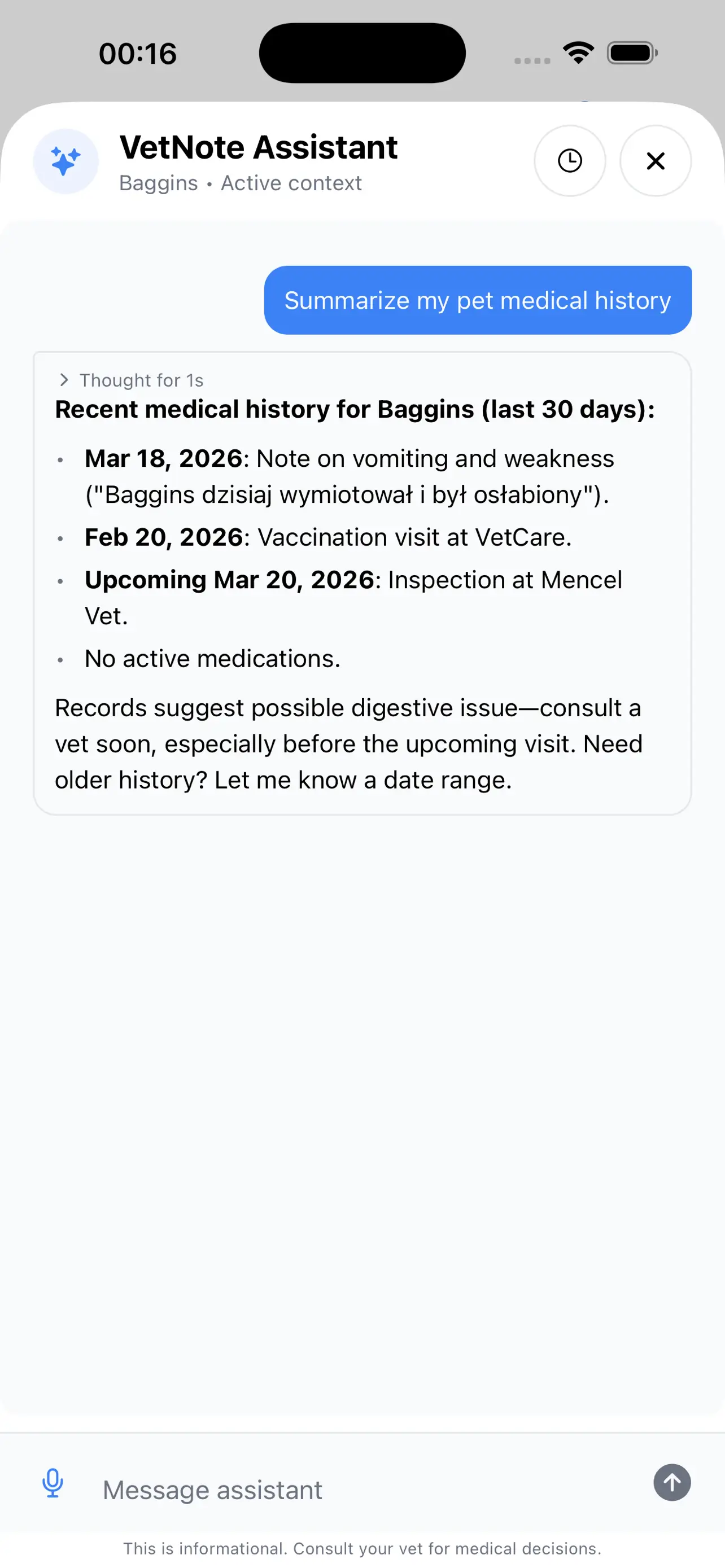 VetNote AI health assistant screenshot