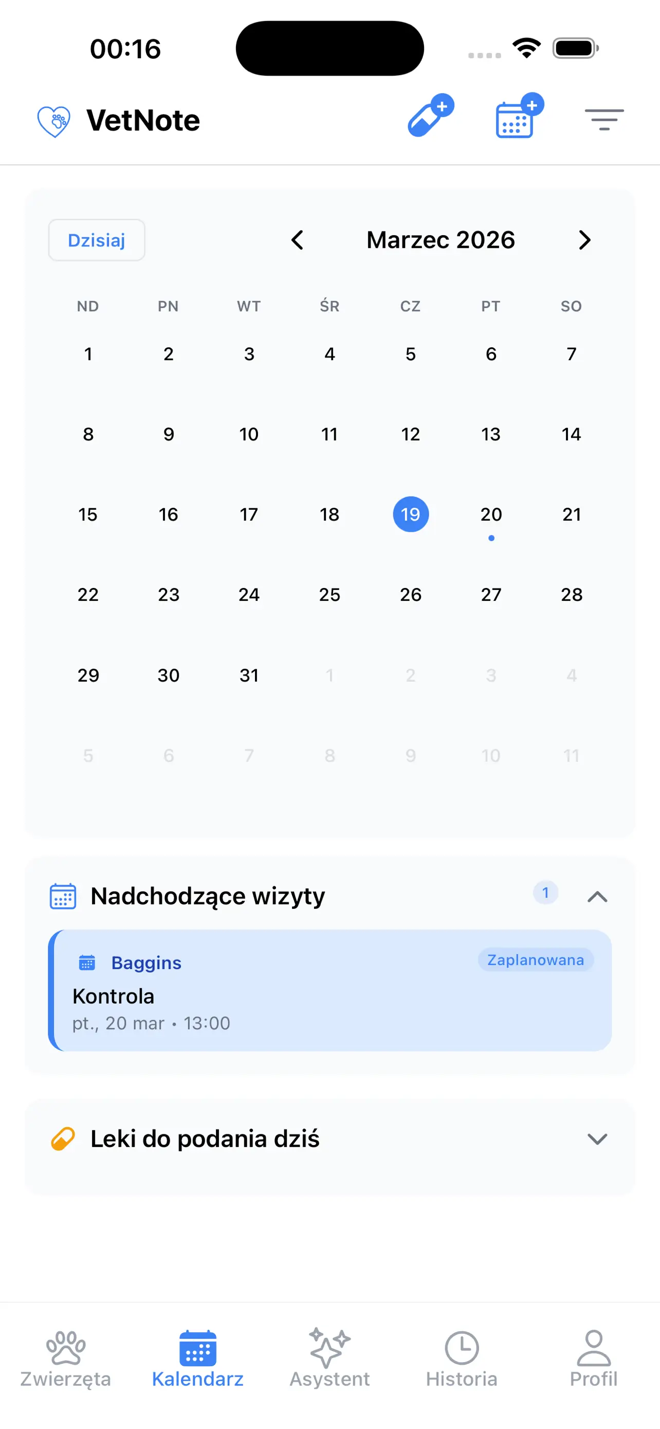 Zrzut ekranu kalendarza wizyt VetNote