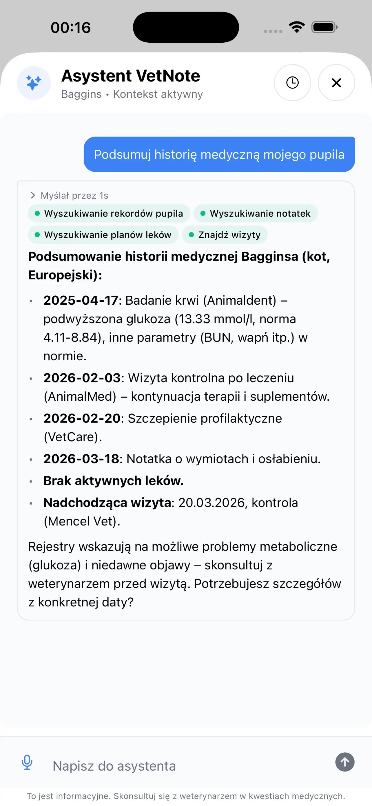 Zrzut ekranu asystenta AI VetNote